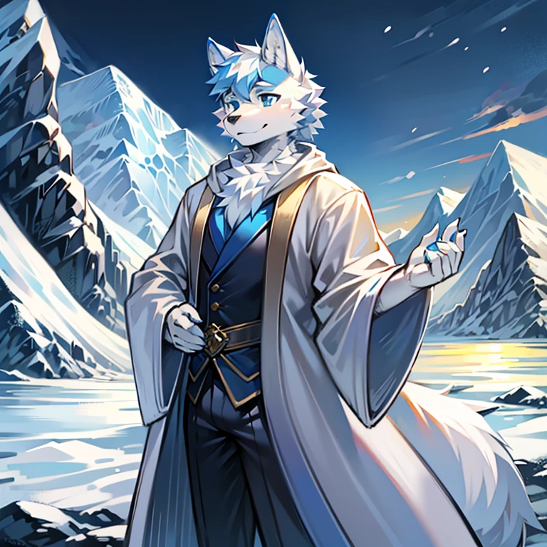 A pure white male adult snow wolf with ice blue eyes, wearing a white robe and holding a blue and white fan, stood on the glacier and looked at the glacier river in the distance.