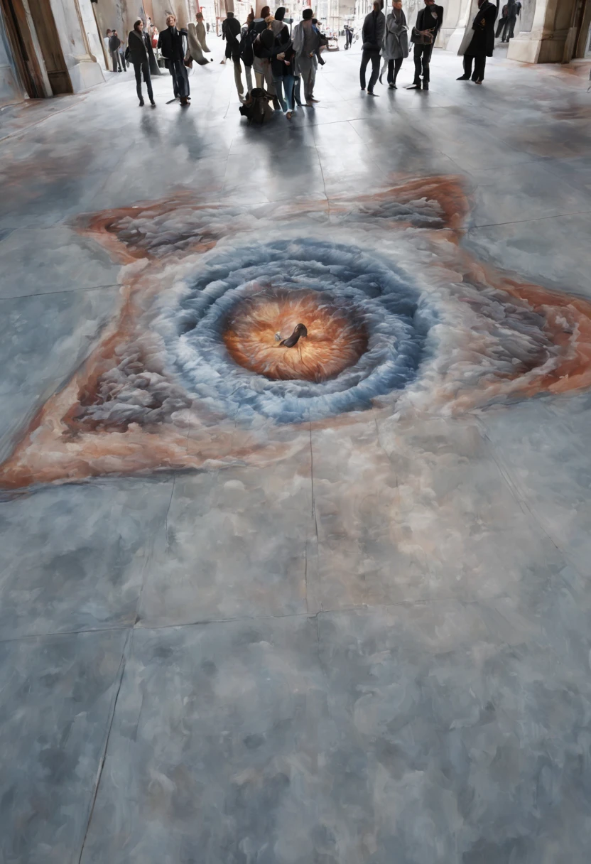 Photorealistic Image Prompt: (An astonishing anamorphic illusion) painted on the floor of a large, open space. The artwork features a distorted and elongated image that can only be perceived correctly when viewed from a specific angle or vantage point. The anamorphic illusion seamlessly integrates with the environment, creating a mind-bending experience for the viewer. Photograph, Trompe-l'oeil, Realism, Julian Beever, Edgar Müller, Felice Varini, DSLR with a wide-angle lens, Top-down perspective, The photograph should capture the illusion's incredible realism and precision, highlighting the seamless integration with the environment. Pay attention to lighting, ensuring that the artwork's shadows and highlights enhance the illusion's three-dimensionality. The image should be high resolution, allowing viewers to appreciate the intricate details of the anamorphic artwork.