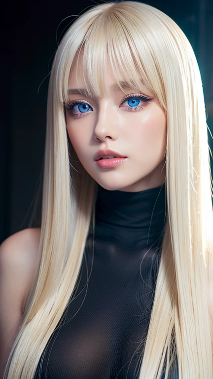 unparalleled beauty, Glossy firm and shiny skin, bangs between the eyes, Glossy Straight Beautiful Platinum Blonde, Super Long Straight Silky Hair, eyeliner, sexyで美しい無邪気な16歳, High definition amazing big beautiful bright blue eyes, beautiful and nice girl, ((huge ))、((erotic、sexy、ultra high resolution、the lighting is bright、Precise hands without any discomfort))、