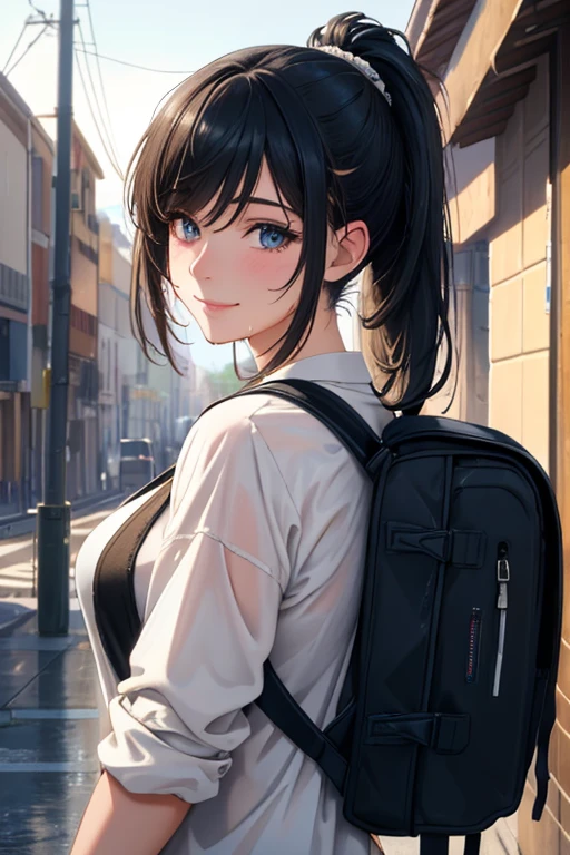 fashion style, masterpiece, best quality, 8k, artstation, sharp focus, (ultrarealistic:1.5), (high details:1.4), raw photo of a young woman, street smiling, backpack, ponytails, faded, complex stuff around, intricate background, soaking wet, (Cinematic:1.4),