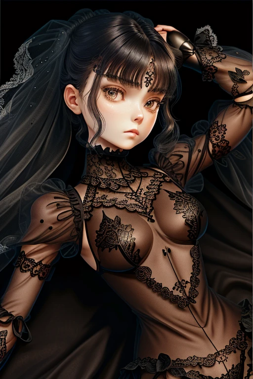 see through armor,(a big black humanoid doll:1.5,marionette), (((whole body))), view straight on, Close-up of people,((lie down)), (((on_back))),arms up behind, shiny_skin, girl,woman,female, Authentic and detailed face, (((see-through:1.5, lace armor:1.5))),solo girl,detail lace,beautiful lace,lace armor,metal lace,skin foundation,body of a doll,lace body suits