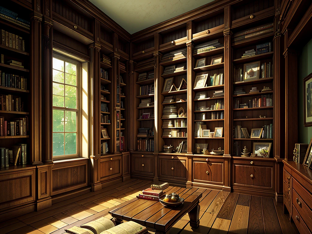 (((masterpiece、Highest image quality、highest quality、highly detailed unity 8kwallpaper)))、(((fantasy、grand library)))、(Large amount of books、Lined bookshelves、books stuck on the bookshelf、complex and three-dimensional room)、high ceilings、dimly lit room、no windows room
