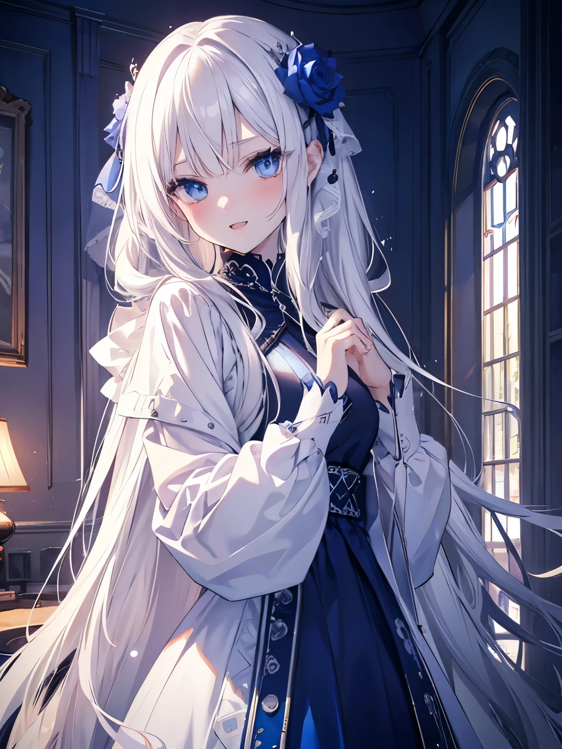 Anime girl with long white hair and blue eyes in a room - SeaArt AI