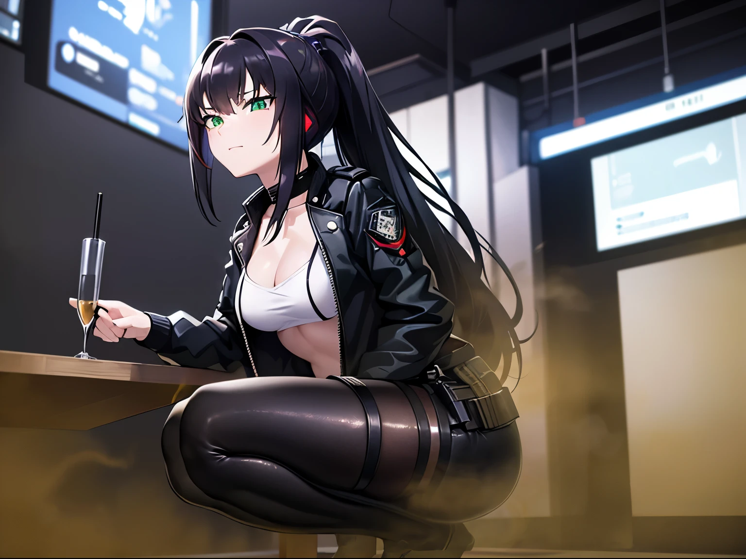 (masterpiece, highest quality, 8K, sharp focus, Depth of bounds written, best shadows, perfect light, HDR, realistic skin texture, highly detailed background), anime style, Long angle shots, ((cyberpunk theme)), alone, 1 female, She is a mercenary, (green eyes, white skin, black hair and ponytail, choker, small breasts, slim, compensate, eyeliner, luster), She works in a future Korean city, Have a techcatana with a strong grip, night, null, Waning Moon, Wearing a nice tech jacket and leather pants.