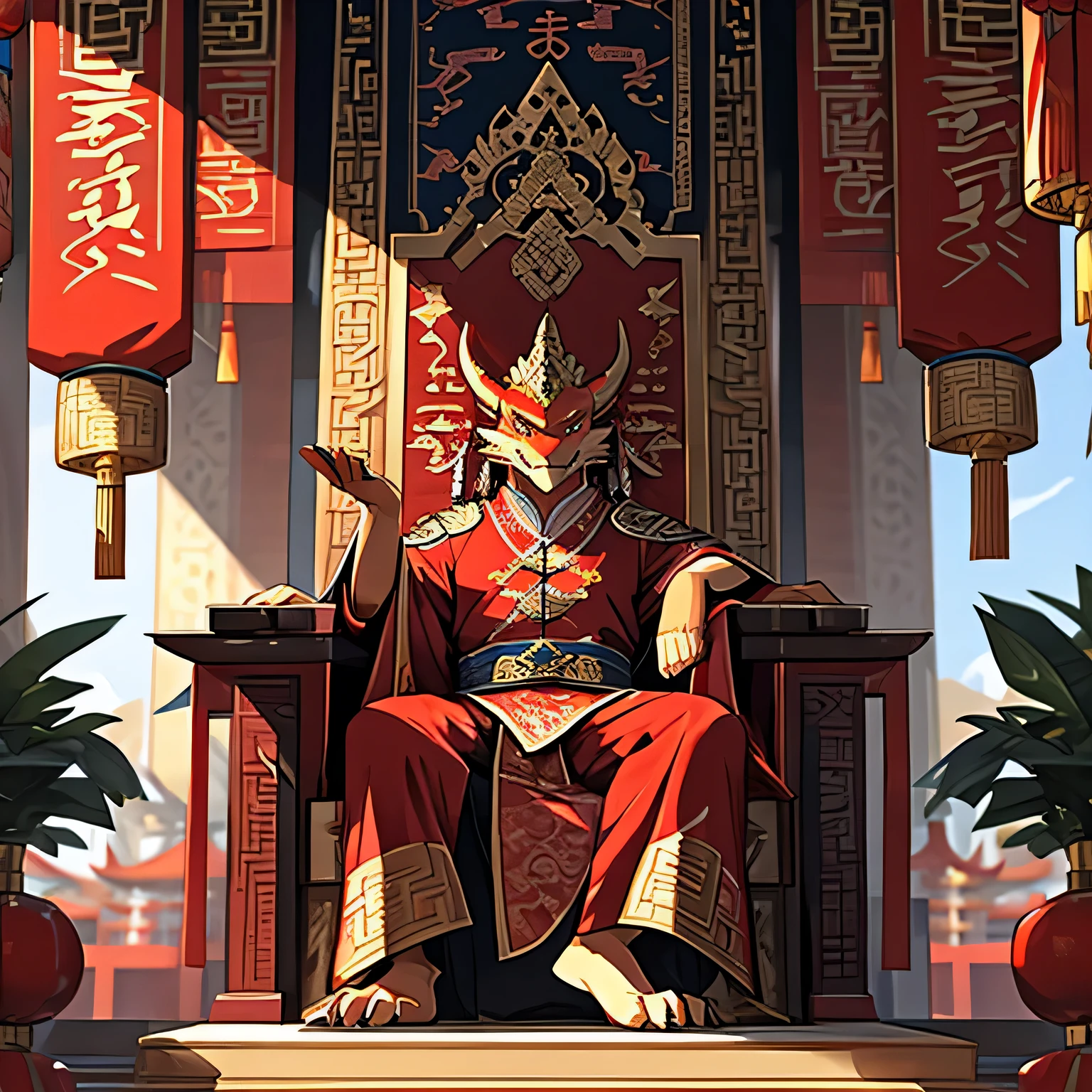 Red oriental dragon sits on the throne of the glorious grand palace,Worshiped by thousands of people,the emperor,ancient chinese style,farsightedness