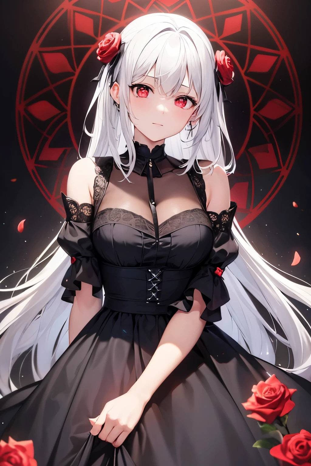 (best quality, masterpiece), (1girl, solo, black dress, standing , looking at viewer, white hair, red eyes, holding rose, closed mouth, upper body), (red dreamcatcher behind, red flower, )