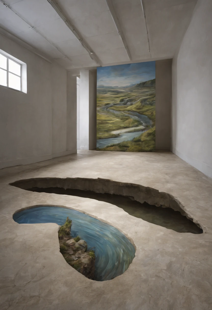 Photorealistic Image Prompt: (An astonishing anamorphic illusion) painted on the floor of a large, open space. The artwork features a distorted and elongated image that can only be perceived correctly when viewed from a specific angle or vantage point. The anamorphic illusion seamlessly integrates with the environment, creating a mind-bending experience for the viewer. Photograph, Trompe-l'oeil, Realism, Julian Beever, Edgar Müller, Felice Varini, DSLR with a wide-angle lens, Top-down perspective, The photograph should capture the illusion's incredible realism and precision, highlighting the seamless integration with the environment. Pay attention to lighting, ensuring that the artwork's shadows and highlights enhance the illusion's three-dimensionality. The image should be high resolution, allowing viewers to appreciate the intricate details of the anamorphic artwork.