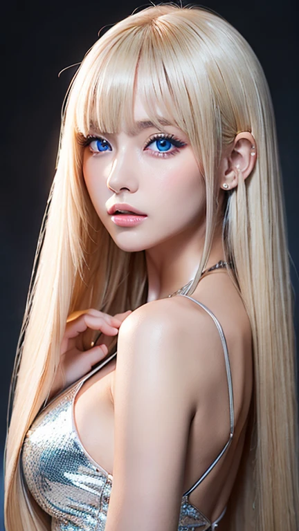 unparalleled beauty, Glossy firm and shiny skin, bangs between the eyes, Glossy Straight Beautiful Platinum Blonde, Super Long Straight Silky Hair, eyeliner, sexyで美しい無邪気な16歳, High definition amazing big beautiful bright blue eyes, beautiful and nice girl, ((huge ))、((erotic、sexy、ultra high resolution、the lighting is bright、Precise hands without any discomfort))、