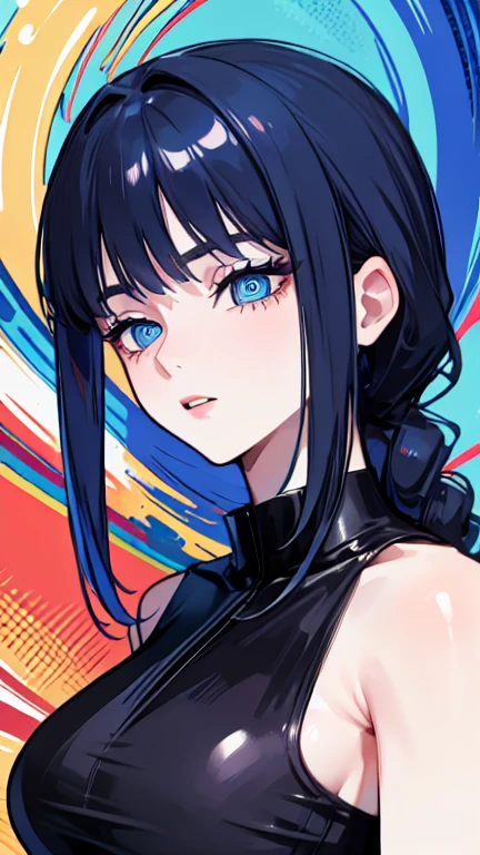 Best Quality, Masterpiece: 1.2, Ultra Detail, (Highest Detail Face: 1.2), 1girl, Long hair, Black hair, inner blue hair, blue eyes, big breasts, thick tighs, full body,