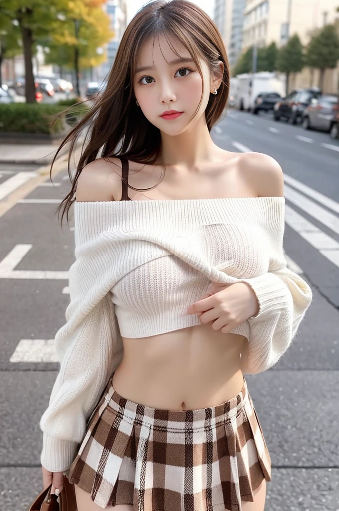 huge tit G cup round chest beautiful breasts Wearing an off-the-shoulder white knit The lower half of the body wears a brown checked miniskirt Roll up your skirt with your hands to show your panties The color of the panties is white