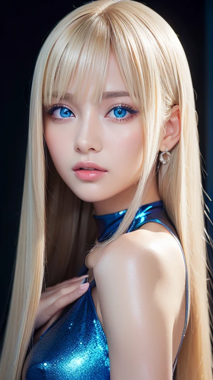 unparalleled beauty, Glossy firm and shiny skin, bangs between the eyes, Glossy Straight Beautiful Platinum Blonde, Super Long Straight Silky Hair, eyeliner, sexyで美しい無邪気な16歳, High definition amazing big beautiful bright blue eyes, beautiful and nice girl, ((huge ))、((erotic、sexy、ultra high resolution、the lighting is bright、Precise hands without any discomfort))、