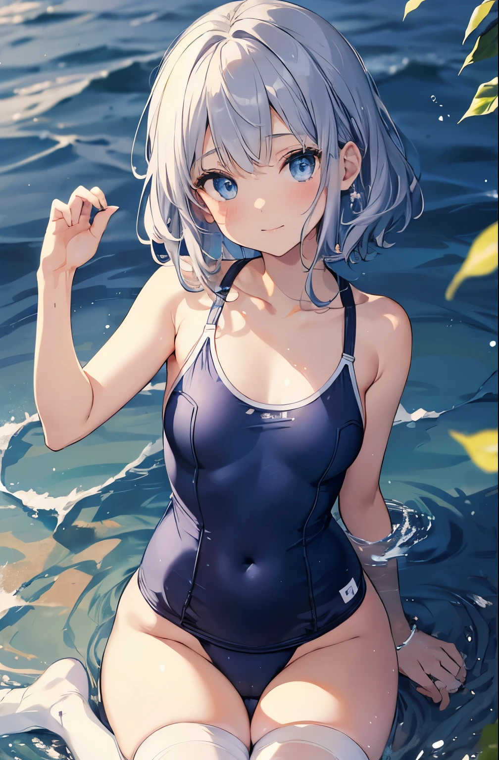 ((highest quality))、((8K))、((High resolution))、((masterpiece、Super detailed))、一人little girl、(height 140cmlittle girl)、((Looking at the camera from the front))、((photo from the knees up))、((standing))、beautiful and delicate blue eyes、beautiful smooth silver hair、Fluffy short hair、gentle and adorable big eyes、smile、((Perfect and beautiful fingertips))、A wearing a navy blue school swimsuit that bounces off sparkling water droplets、flat chest、(white stockings)