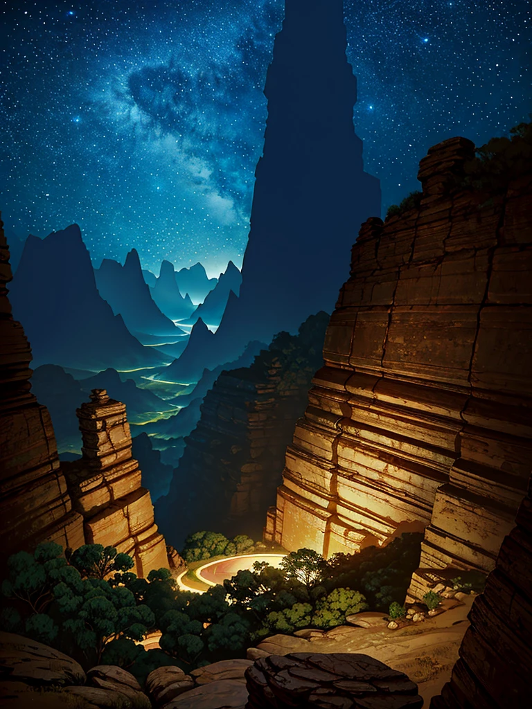 （（（masterpiece、Highest image quality、highest quality、highly detailed unity 8ｋwallpaper）））、（Grand canyon）、night、beautiful starry sky