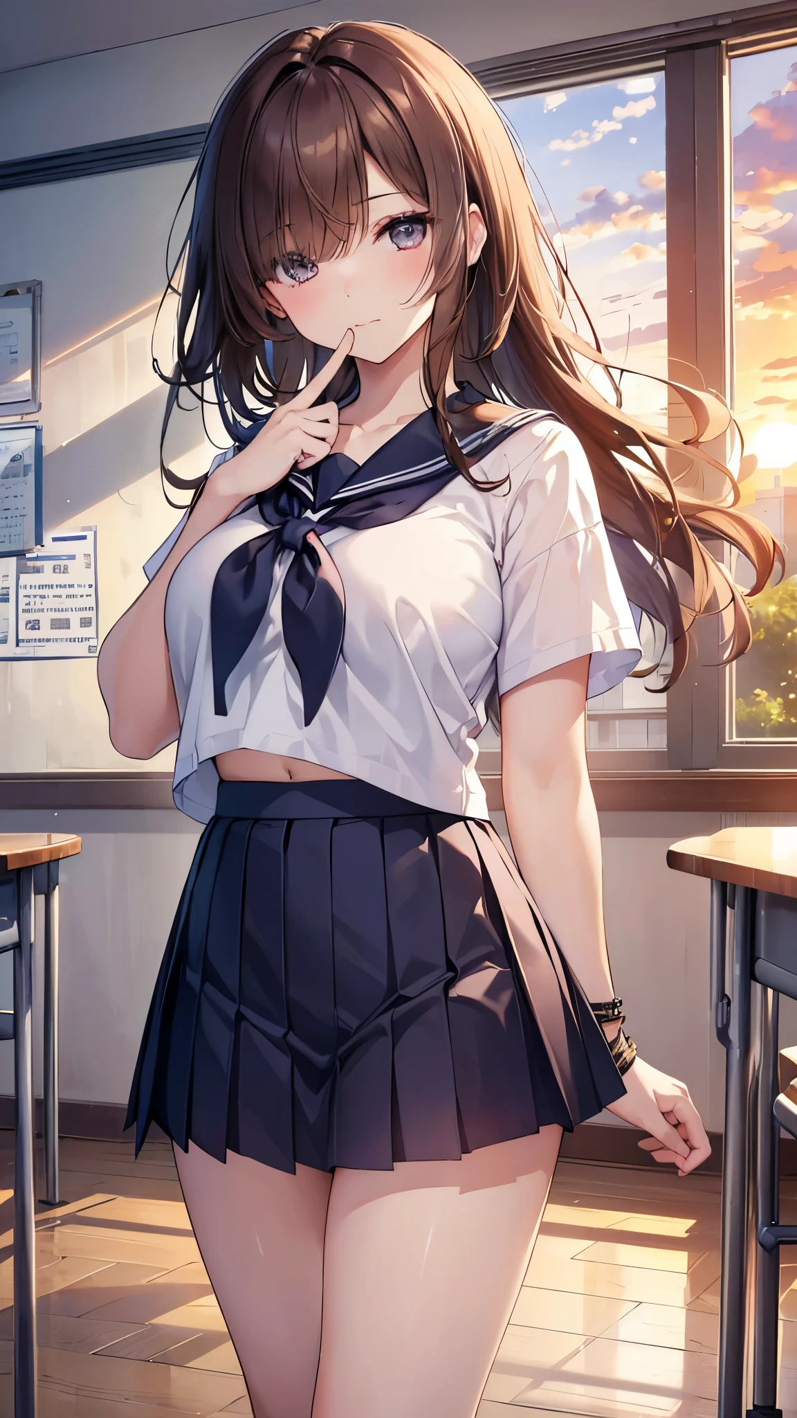 (highest quality、In 8K、32K、masterpiece、nffsw、Super high resolution、Impressionism、Photoreal:1.2)、big breasts、cowboy shot, detailed face and eyes、 inside the classroom、School、sunset、beautiful face、blurred background、 beautiful girl、shiny skin、half up hair、beautiful brown hair、dull bangs、brown eyes、(closed one eye、put your index finger to your mouth:1.2)、sailor suit、pleated mini skirt、curve、(Skirt up、I can see your pants:1.2)、thighs thighs thighs、(Navel exposed:0.4)、dynamic pose