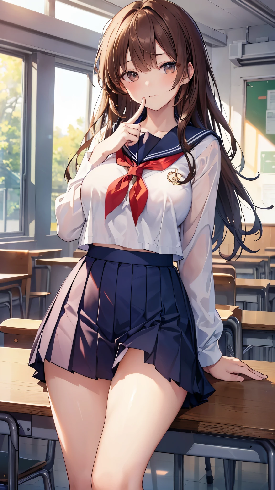 (highest quality、In 8K、32K、masterpiece、nffsw、Super high resolution、Impressionism、Photoreal:1.2)、big breasts、cowboy shot, detailed face and eyes、 inside the classroom、School、sunset、beautiful face、blurred background、16 year old beautiful girl、shiny skin、half up hair、beautiful brown hair、dull bangs、brown eyes、(closed one eye、put your index finger to your mouth:1.2)、sailor suit、pleated mini skirt、curve、(Skirt up、I can see your pants:1.2)、thighs thighs thighs、(Navel exposed:0.4)、dynamic pose