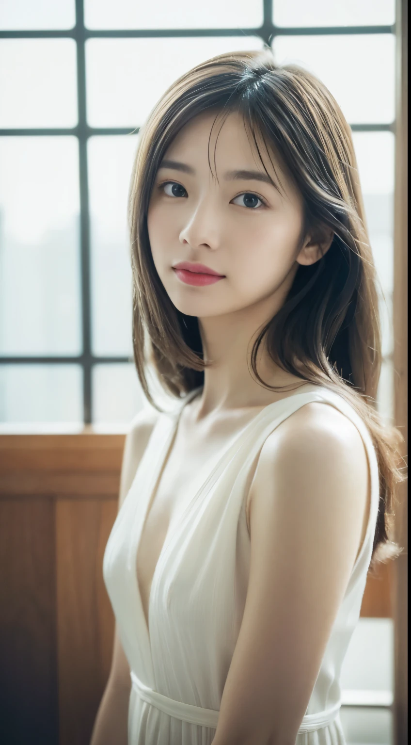 (In 8K,Raw photo,highest quality:1.3),(realistic,Photoreal:1.3),(very delicate and beautiful,very detailed:1.3),(finely:1.3)),(super detailed,High resolution:1.3),Japanese, woman、()、Viewer's perspective Beautiful and shiny straight semi-long hair See-through bang embarrassed look ((half-open lips)) Draw poses and angles randomly (beautiful feces:1.2) (cute:1.3) positive cute見た目 White sleeveless gathered dress with library on background