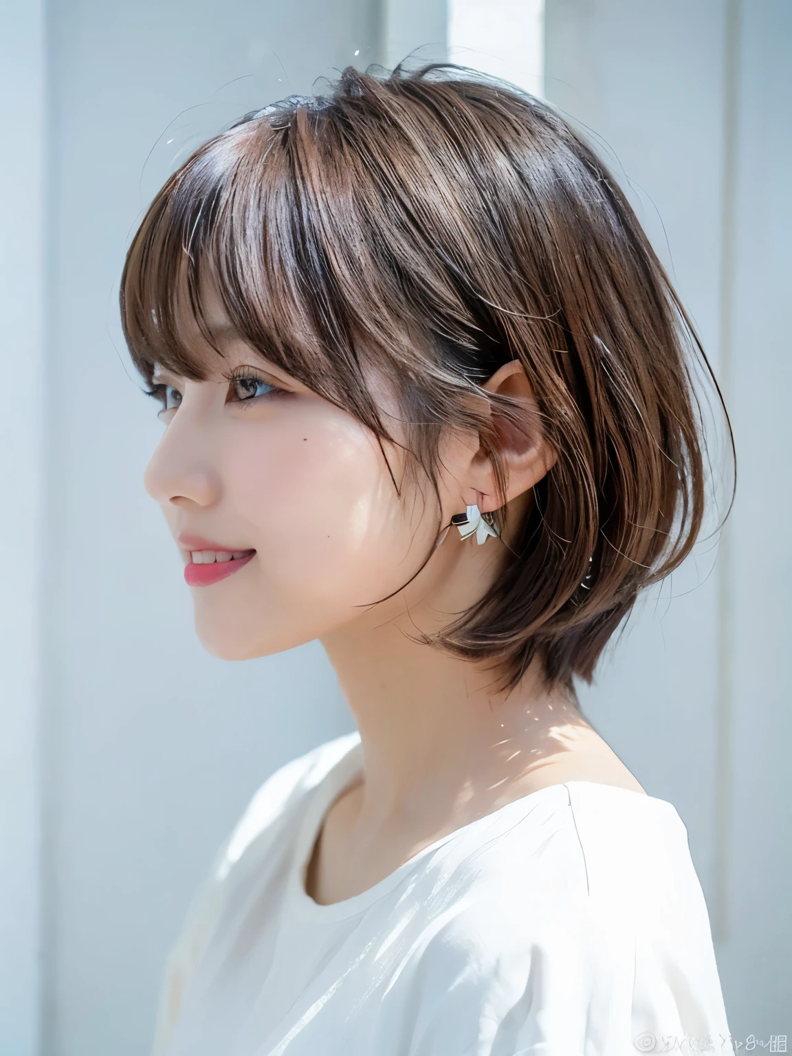 white wall、Taken in front of the white door、(窓のあるwhite wallの部屋)、(8K、RAW photo、highest quality、masterpiece:1.2)、High-definition RAW color photo、professional photos、(realistic、フォトrealistic:1.37)、Shot in natural light、1 girl、laughter、Versatile poses、Spring clothes、 necklace、(Beautiful profile:1.3)、Don't look at the camera、profile、shortcut、((bright hair color))、short hair、Shot in natural light、High-tone hair color、earrings、Blouses in pastel colors、normal human face、normal eyes、dark brown eyes