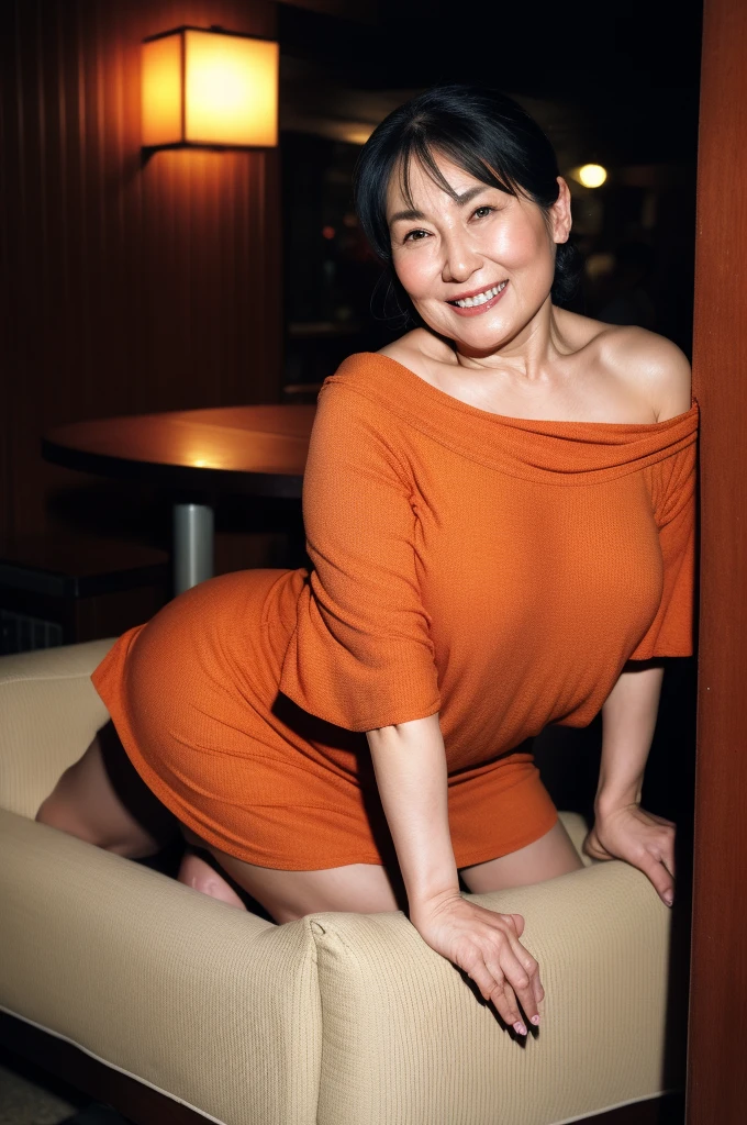 hyper detailed, absurdres, bar, old woman, 90s Pattern, delightful, smiling, on all fours, looking back, half updo, black hair, fair skin, wrinkles skin, detailed skin, detailed face, plump, glamorous, beautiful breasts, beautiful ass, tube top, dress, off shoulder, mini skirt, underwear, piercing, necklace, boots, beauty mark, nail polish, chubby, delicate facial features, elderly, japanese, Scene of Pleasure, inside, in the bar, with a sofa, with a table, at night, ultra realistic photo, 1990s, nsfw, full body shot, wide shot, from front, extreme wide shot, cowboy shot, orange