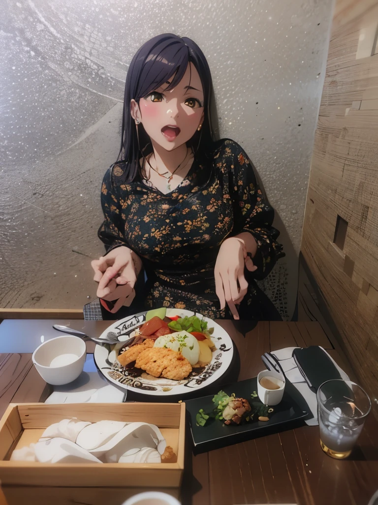 There is a woman sitting at a table with a plate of food, beast, Photo taken on 2020, blog-photo, using yellow cloth, omina tachibana, by Ayako Rokkaku, umamusume, sakimi chan, in such a way, restaurant!!, Ayaka, harumi
