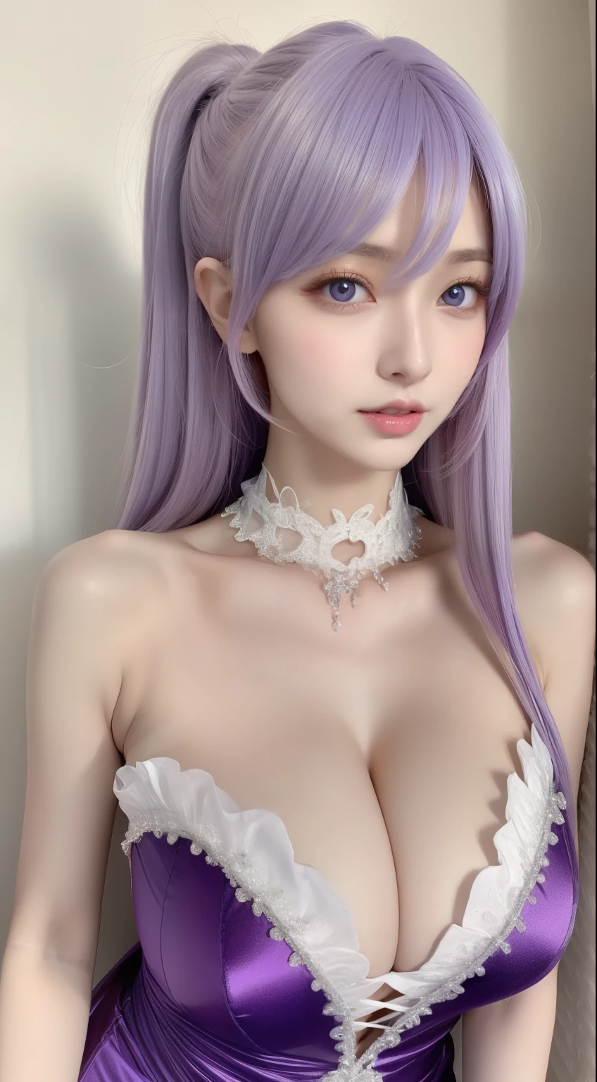 Beautiful woman with perfect body：1.4，layered hairstyle，Protruding cleavage，Purple 2D costume：1.5，Highly detailed facial and skin textures，double eyelids，whiten skin，long white hair，collar