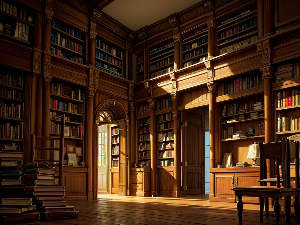 (((masterpiece、Highest image quality、highest quality、highly detailed unity 8kwallpaper)))、(((fantasy、grand library)))、(Large amount of books、Lined bookshelves、books stuck on the bookshelf、complex and three-dimensional room)、high ceilings、dimly lit room、A messy floor with piles of books