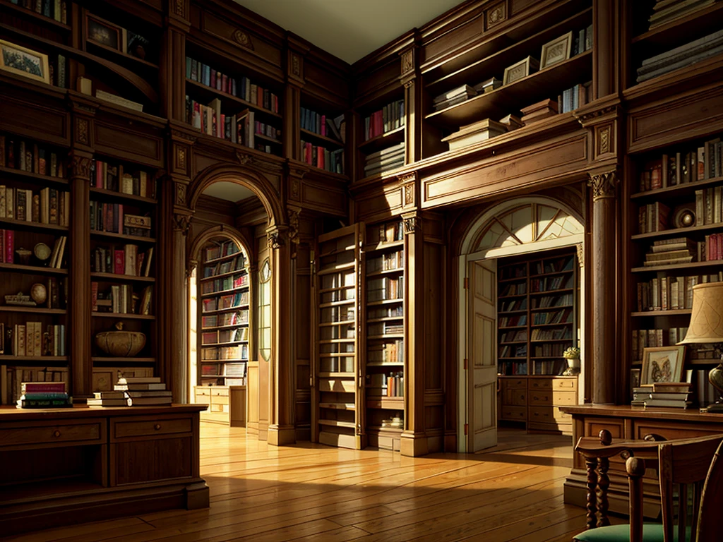 (((masterpiece、Highest image quality、highest quality、highly detailed unity 8kwallpaper)))、(((fantasy、grand library)))、(Large amount of books、Lined bookshelves、books stuck on the bookshelf、complex and three-dimensional room)、high ceilings、dimly lit room、A messy floor with piles of books