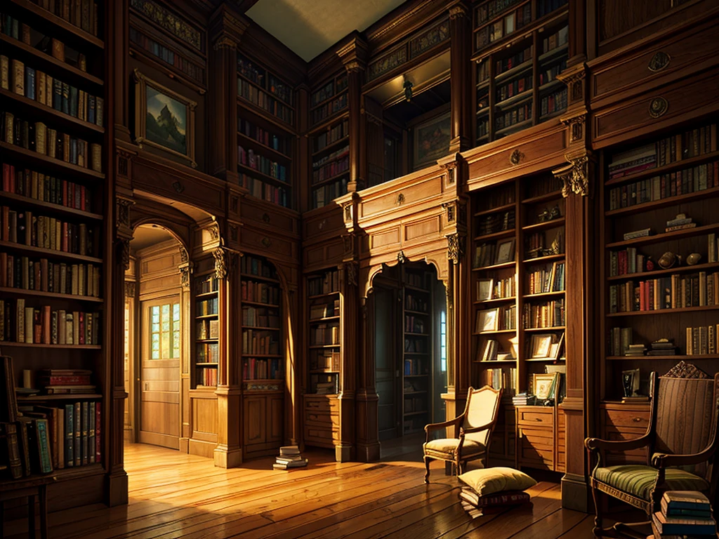（（（masterpiece、Highest image quality、highest quality、highly detailed unity 8ｋwallpaper）））、（（（fantasy、grand library）））、（Large amount of books、Lined bookshelves、books stuck on the bookshelf、complex and three-dimensional room）、high ceilings、dimly lit room、A messy floor with piles of books
