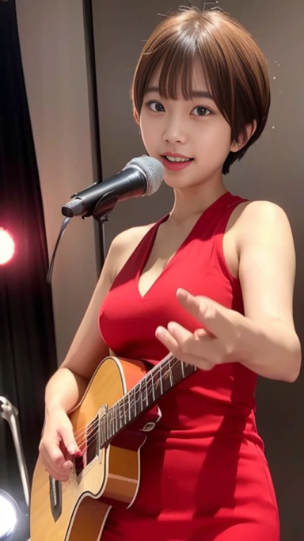 Best quality, raw photo,20 years old Japanese female idol ,Short  hair ,short bang  , messy hair , sing , tongue out a little,microphone ,red Electric guitar, red elegant red dress ,skinny body  ,Sweat , ,dinner show