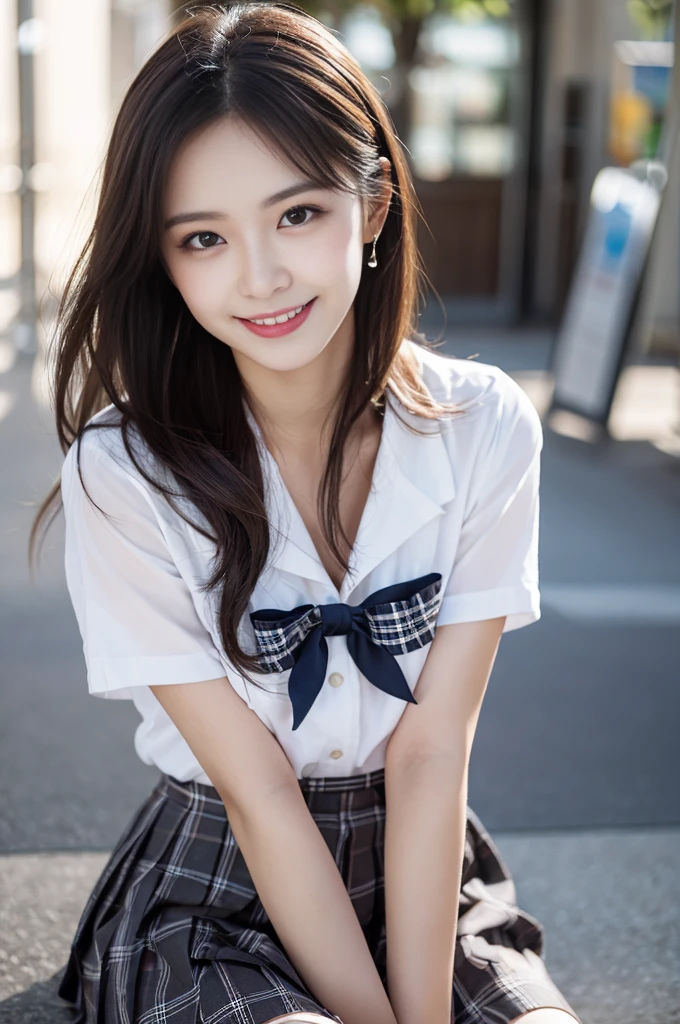 high school, NSFW,8K,(RAW photo:1.2),(highest quality:1.4),(masterpiece:1.4),best illustrations,ultra high resolution,portrait,film grain,movie,1 girl,look at the audience,Depth of bounds written,(realistic:1.4),(fine hair,realistic hair,realistic lighting,realistic shadow,Realistic clothing,realistic skin),natural skin texture, Super detailed,(portrait:0.6),(particles of light,Lens flare,luminescent particles:0.6),(Bokeh:1.2),cute,professional lighting,photon mapping,radio city,Physically based rendering,incredibly absurd,Glossy skin,(white skin:1.2),(Pueros face_v1:0.7),(close:1.1), (Fair skin: 1.1),(round face:1.5),(charm:1.1),(smile:1.2),grin,open your mouth,puffy eyes,purple eyes,double eyelid,(single line:1),(long hair:1.1),floating hair NovaFrog Style,high ponytail,floating hair,compensate,(very dark lip gloss,so many eyelashes,eye shadow),beautiful feet, sailor suit,((,Checkered pleated skirt)),super short skirt,(butt:1.2),knee socks,outdoor