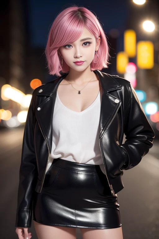 female idol、shiny lip gloss、smiling face、smoky eyeshadow、winged eyeliner、((dramatic lashes))、leather jacket、leather mini skirt、colorful short hair（neon hot pink)、conceptual art, High quality, Realistic, extremely detailed CG unified 8k wallpaper, highly detailed, High-definition raw color photos, professional photography, Cinematic Light, Beautiful detailed, Super Detail, high detail, (((Bokeh))), depth of fields, illumination, City Street, Super stylish lighting