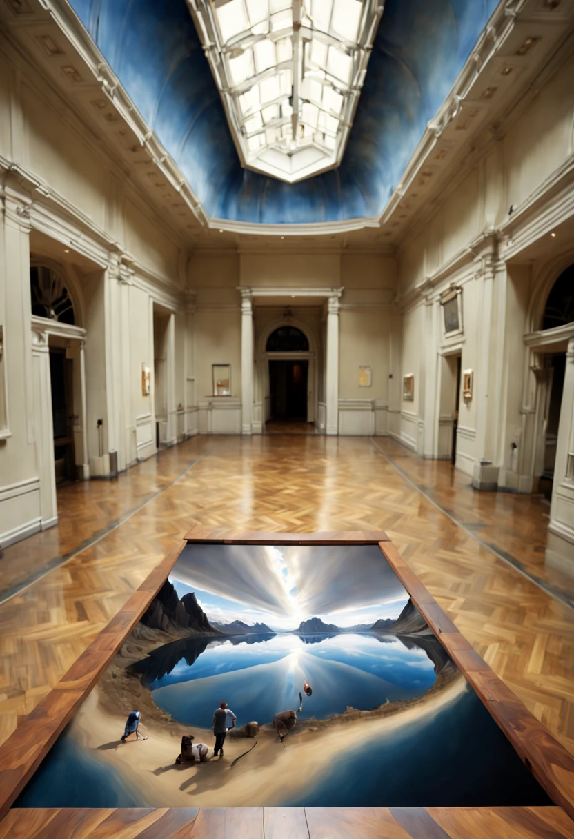 Photorealistic Image Prompt: (An astonishing anamorphic illusion) painted on the floor of a large, open space. The artwork features a distorted and elongated image that can only be perceived correctly when viewed from a specific angle or vantage point. The anamorphic illusion seamlessly integrates with the environment, creating a mind-bending experience for the viewer. Photograph, Trompe-l'oeil, Realism, Julian Beever, Edgar Müller, Felice Varini, DSLR with a wide-angle lens, Top-down perspective, The photograph should capture the illusion's incredible realism and precision, highlighting the seamless integration with the environment. Pay attention to lighting, ensuring that the artwork's shadows and highlights enhance the illusion's three-dimensionality. The image should be high resolution, allowing viewers to appreciate the intricate details of the anamorphic artwork.