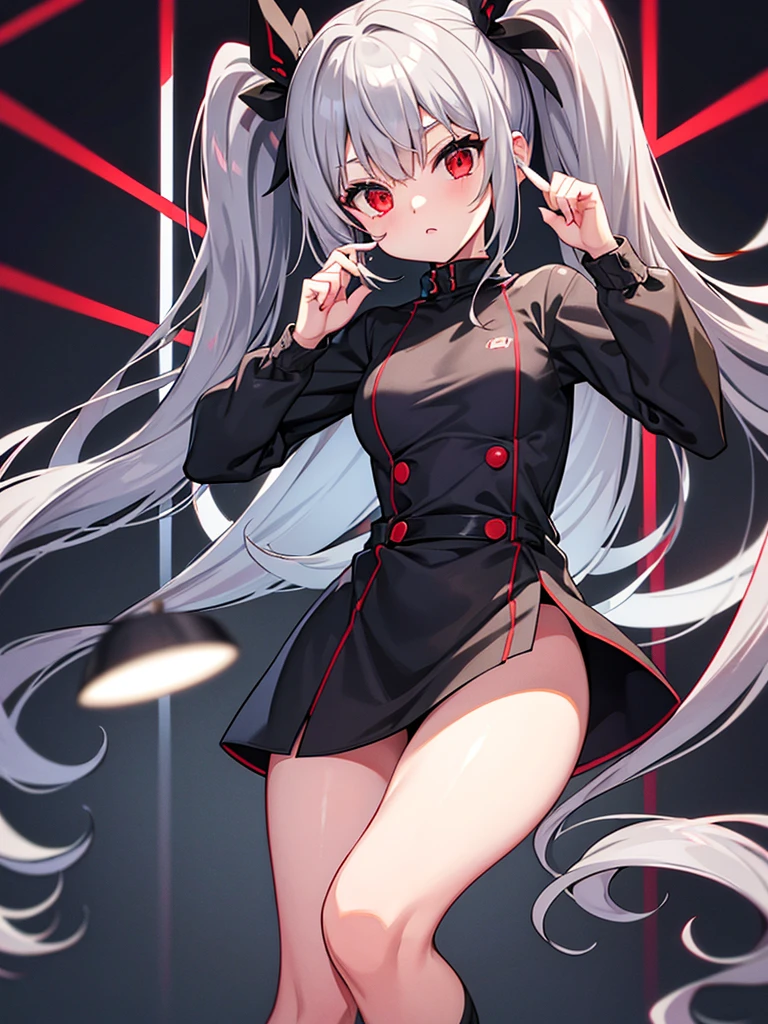 gray hair　long twin tails　red eyes　Clothing of the near future　good thighs　Signs