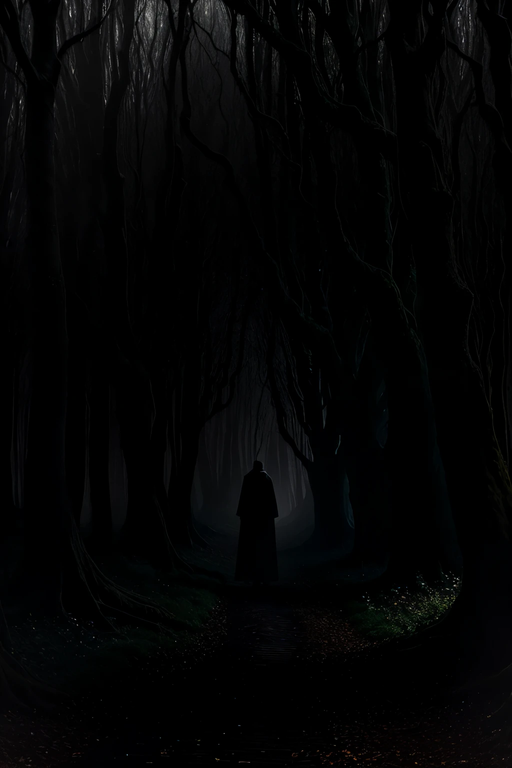 In the depths of a haunted woods, where the mystical feeling of an enchanted forest casts an ominous spell, the twisted branches of ancient trees reach up towards the dark, moody sky. A man in a black robe, barely visible from afar, hides behind a gnarled tree trunk, causing the mist and fog to swirl around him, shrouding him in an aura of mystery and ethereal glow. The whispered winds carry the eerie sounds of the forest, a symphony of chirping crickets, rustling leaves, and distant howls. The path ahead is dappled with moonlight, making the shimmering mist appear even more otherworldly