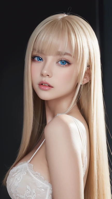 unparalleled beauty, Glossy firm and shiny skin, bangs between the eyes, Glossy Straight Beautiful Platinum Blonde, Super Long Straight Silky Hair, eyeliner, sexyで美しい無邪気な16歳, High definition amazing big beautiful bright light blue eyes, beautiful and nice girl, ((huge ))、((erotic、sexy、ultra high resolution、the lighting is bright、Precise hands without any discomfort))、