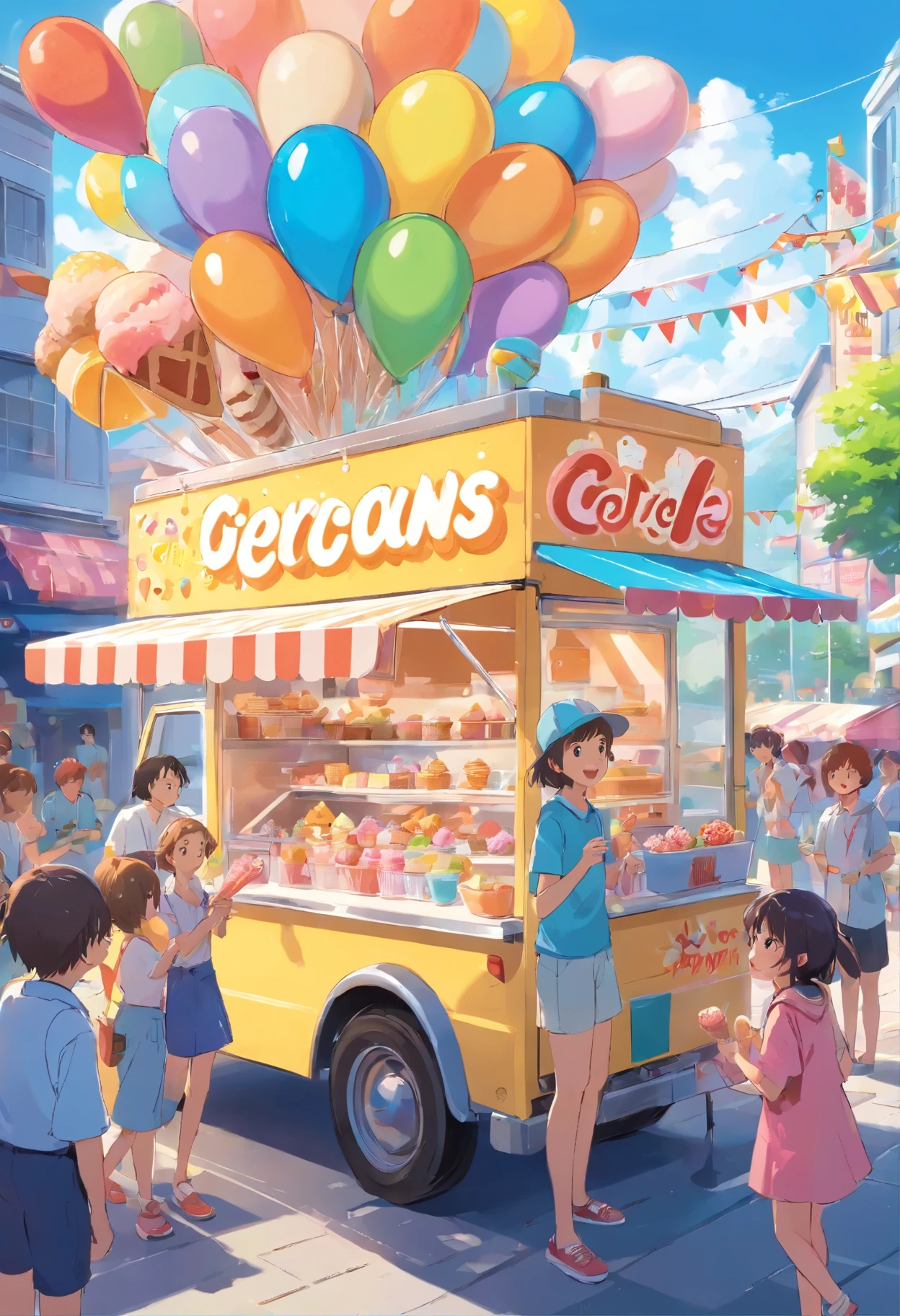 An ice cream truck with bright colors and playful decorations, joyful kids surrounding it with excitement, mouthwatering ice cream cones and popsicles, lively music playing in the background, happy faces admiring the variety of flavors and toppings on display, a sunny day with clear blue skies, vibrant and refreshing summer vibes, a cheerful ice cream vendor serving customers with a big smile, the aroma of freshly made waffle cones filling the air, colorful balloons floating around, children eagerly enjoying their frozen treats, a line of people patiently waiting their turn, the truck decorated with whimsical illustrations of ice creams and sweets, a scene filled with joy, laughter, and the sweet taste of childhood memories. (best quality, highres, ultra-detailed), (realistic, photorealistic), vibrant colors, soft lighting, summer vibes, delicious textures, playful atmosphere.