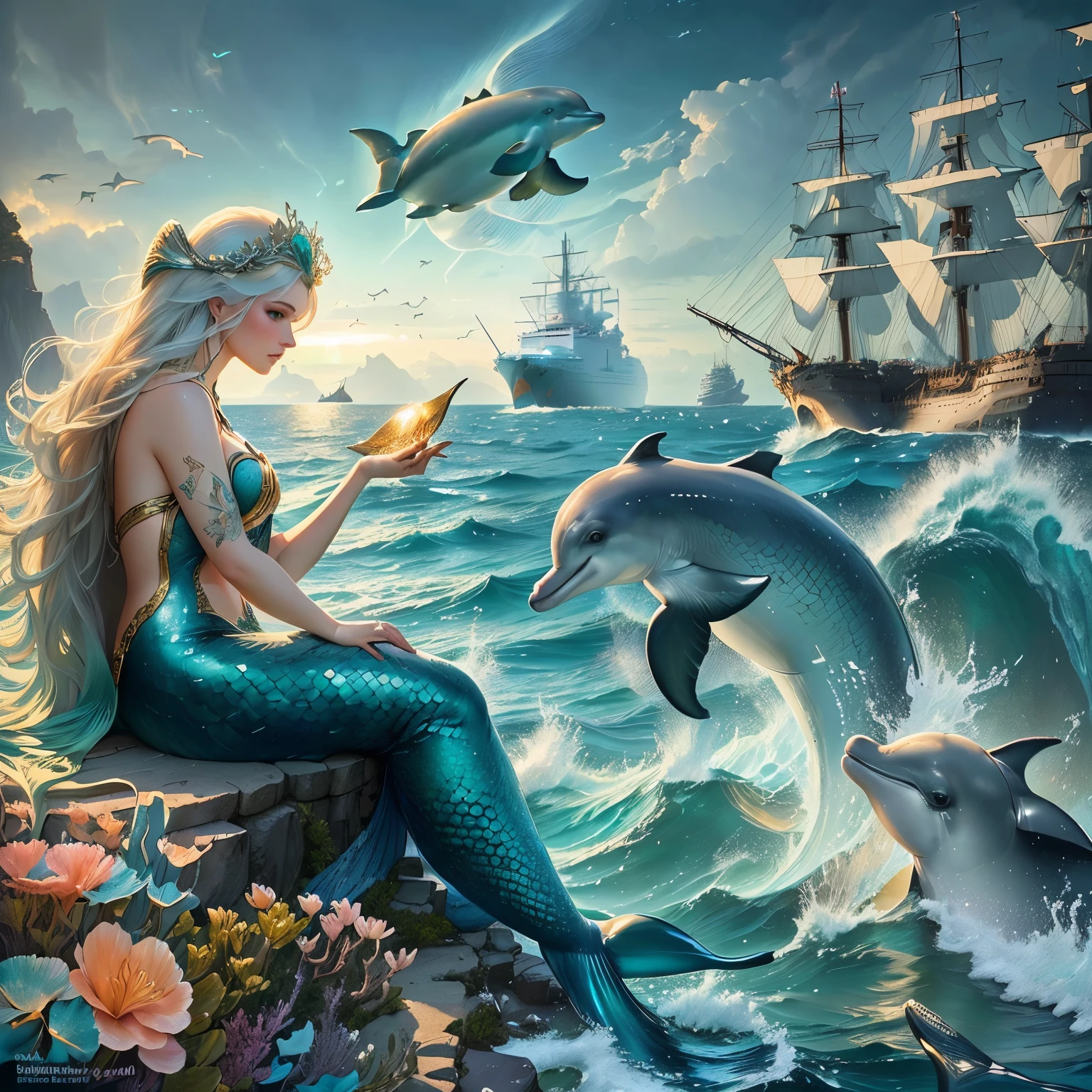 mermaid and dolphins in the ocean with a ship in the background, beautiful mermaid, beautiful fantasy painting, very beautiful fantasy art, beautiful art uhd 4 k, mermaids and fish, goddess of the sea, mermaids, beautiful digital artwork, beautiful fantasy art, fantasy painting hd, realistic fantasy painting, who is born from the sea, karol bak uhd