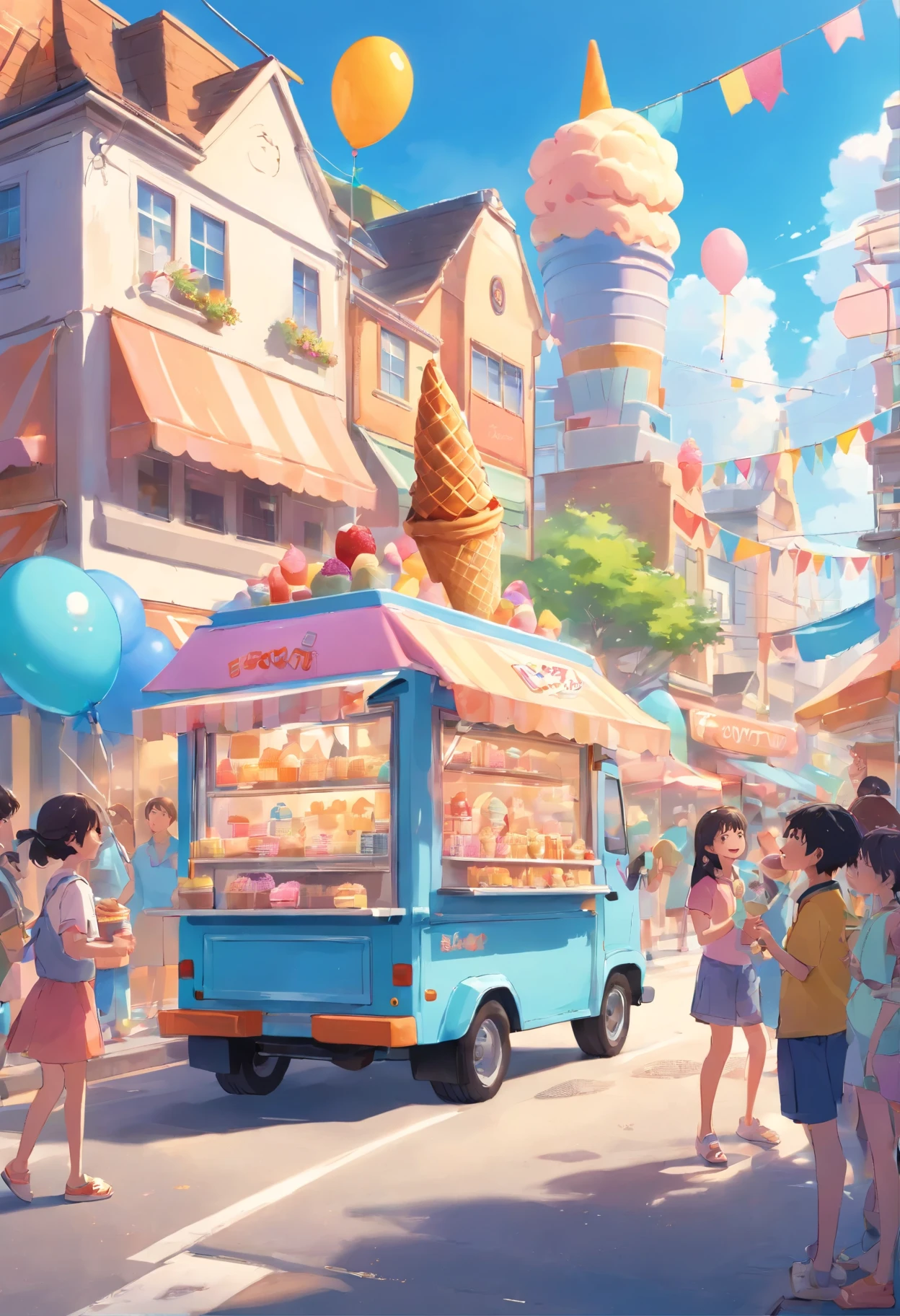 An ice cream truck with bright colors and playful decorations, joyful kids surrounding it with excitement, mouthwatering ice cream cones and popsicles, lively music playing in the background, happy faces admiring the variety of flavors and toppings on display, a sunny day with clear blue skies, vibrant and refreshing summer vibes, a cheerful ice cream vendor serving customers with a big smile, the aroma of freshly made waffle cones filling the air, colorful balloons floating around, children eagerly enjoying their frozen treats, a line of people patiently waiting their turn, the truck decorated with whimsical illustrations of ice creams and sweets, a scene filled with joy, laughter, and the sweet taste of childhood memories. (best quality, highres, ultra-detailed), (realistic, photorealistic), vibrant colors, soft lighting, summer vibes, delicious textures, playful atmosphere.