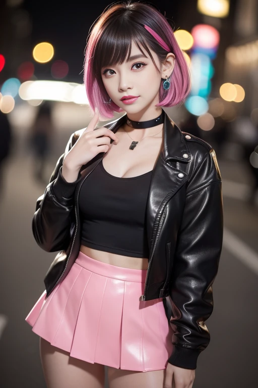 female idol、shiny lip gloss、smiling face、smoky eyeshadow、winged eyeliner、((dramatic lashes))、leather jacket、leather mini skirt、colorful short hair（neon hot pink)、conceptual art, High quality, Realistic, extremely detailed CG unified 8k wallpaper, highly detailed, High-definition raw color photos, professional photography, Cinematic Light, Beautiful detailed, Super Detail, high detail, (((Bokeh))), depth of fields, illumination, City Street, Super stylish lighting