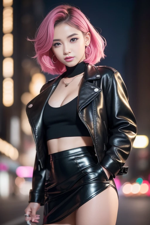 female idol、shiny lip gloss、smiling face、smoky eyeshadow、winged eyeliner、((dramatic lashes))、leather jacket、leather mini skirt、colorful short hair(neon hot pink)、conceptual art, High quality, Realistic, extremely detailed CG unified 8k wallpaper, highly detailed, High-definition raw color photos, professional photography, Cinematic Light, Beautiful detailed, Super Detail, high detail, (((Bokeh))), depth of fields, illumination, City Street, Super stylish lighting
