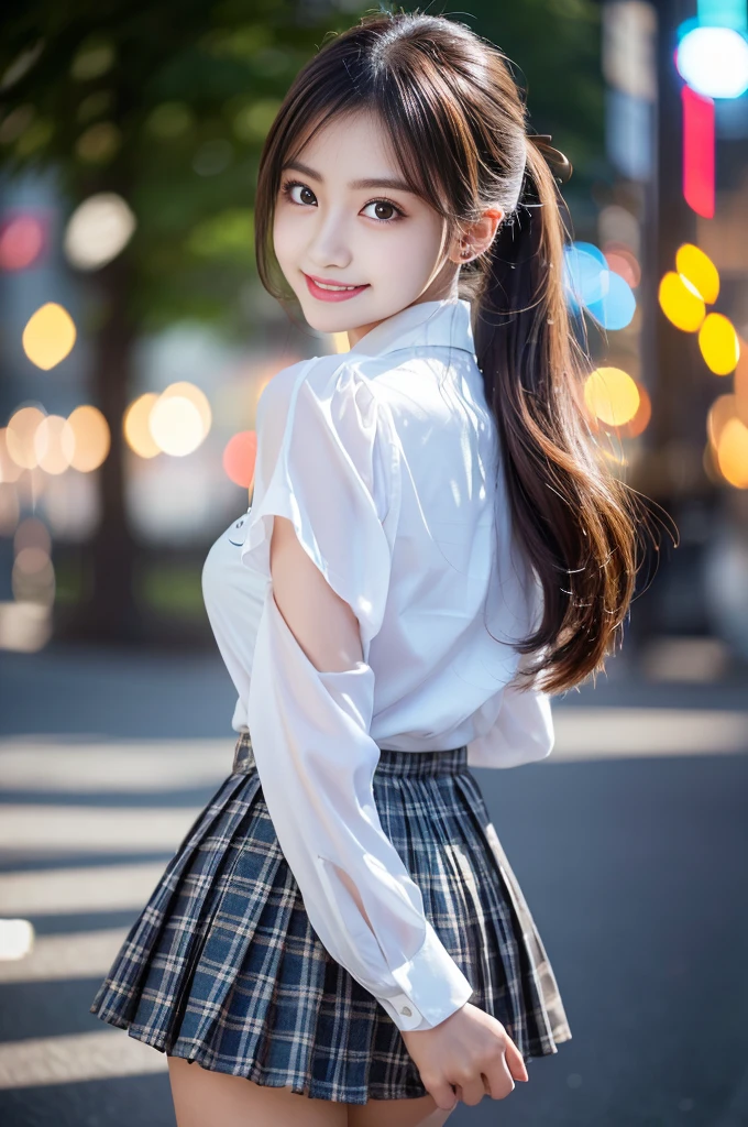 （girl in the office),(Rear view)),(look back), silver hair, bangs, 鈍いbangs, long straight hair, （side ponytail）aqua eye, long eyelashes, three-dimensional round eyes, compensate, open your mouth, blush, parted lips, bright pupils, smiley, enchanting smile, shine, surrealism, modern,career woman、）lou（white shirt、off shoulder tight skirt、black pantyhose、high heels、(ホワイトlouスクロップトップ, black tight skirt: 1.6)、（wearing glasses）、(I can see her white thong panties)