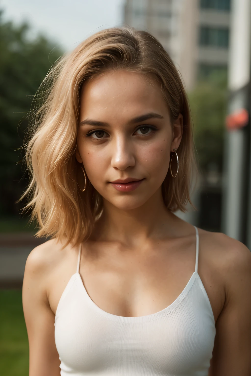 A half body photo of a attractive swedish woman 20 y.o., NSFW, flashing, (:1.1),
Zumba pants and dance tank top, Dame, Short, Slim, Diamond-Shaped Face, Dark Skin, Strawberry Blonde Hair, black Eyes, Short Nose, Thick Lips, Receding Chin, Shoulder-Length Hair, Thick Hair, Straight Bob with Layers, asymmetrical breasts, Huggie earrings, rust gloss lipstick, arms outstretched, hands on head
moles, skin imperfection,
Masterpiece, hi res, 8k, award winning, RAW photo, high quality, 35mm photograph, film grain, bokeh, professional, 4k, highly detailed, 