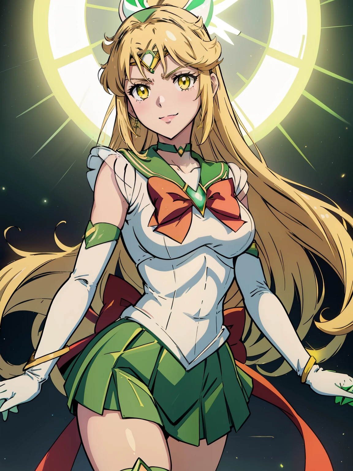 mythra \(xenoblade\), yellow eyes, blonde hair ,sailor senshi uniform, green skirt, elbow gloves, tiara, green sailor collar, red bow, green choker, white gloves, jewelry, smile