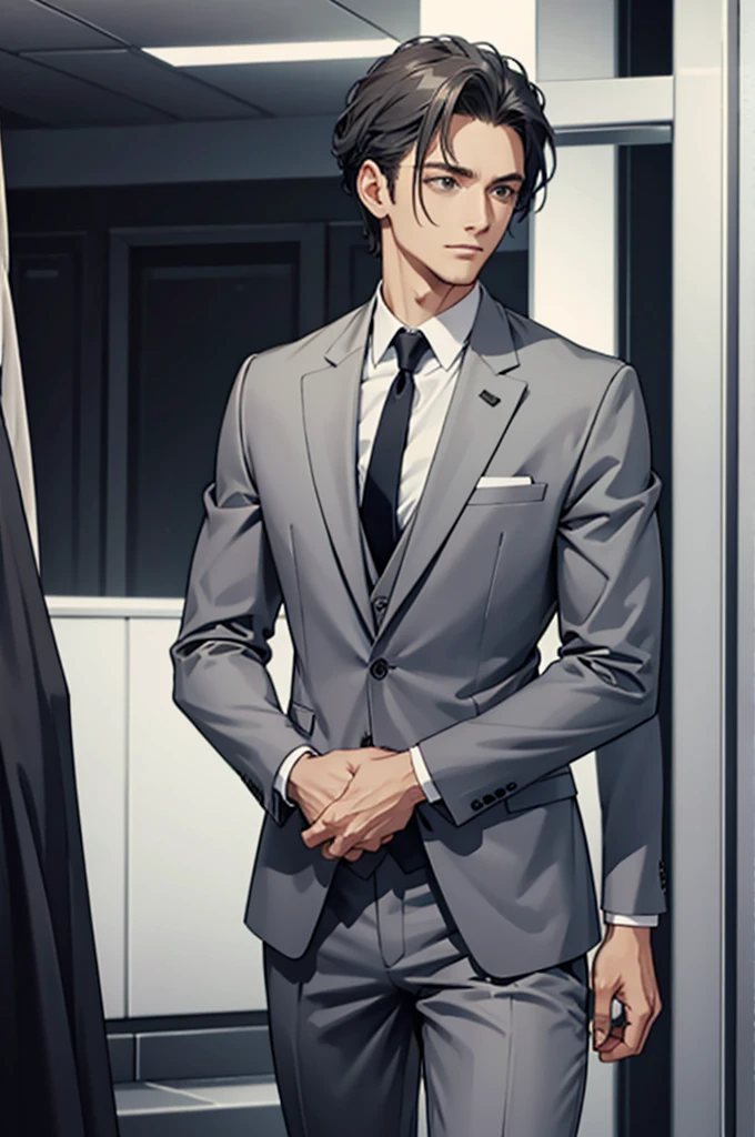 wearing a gray suit