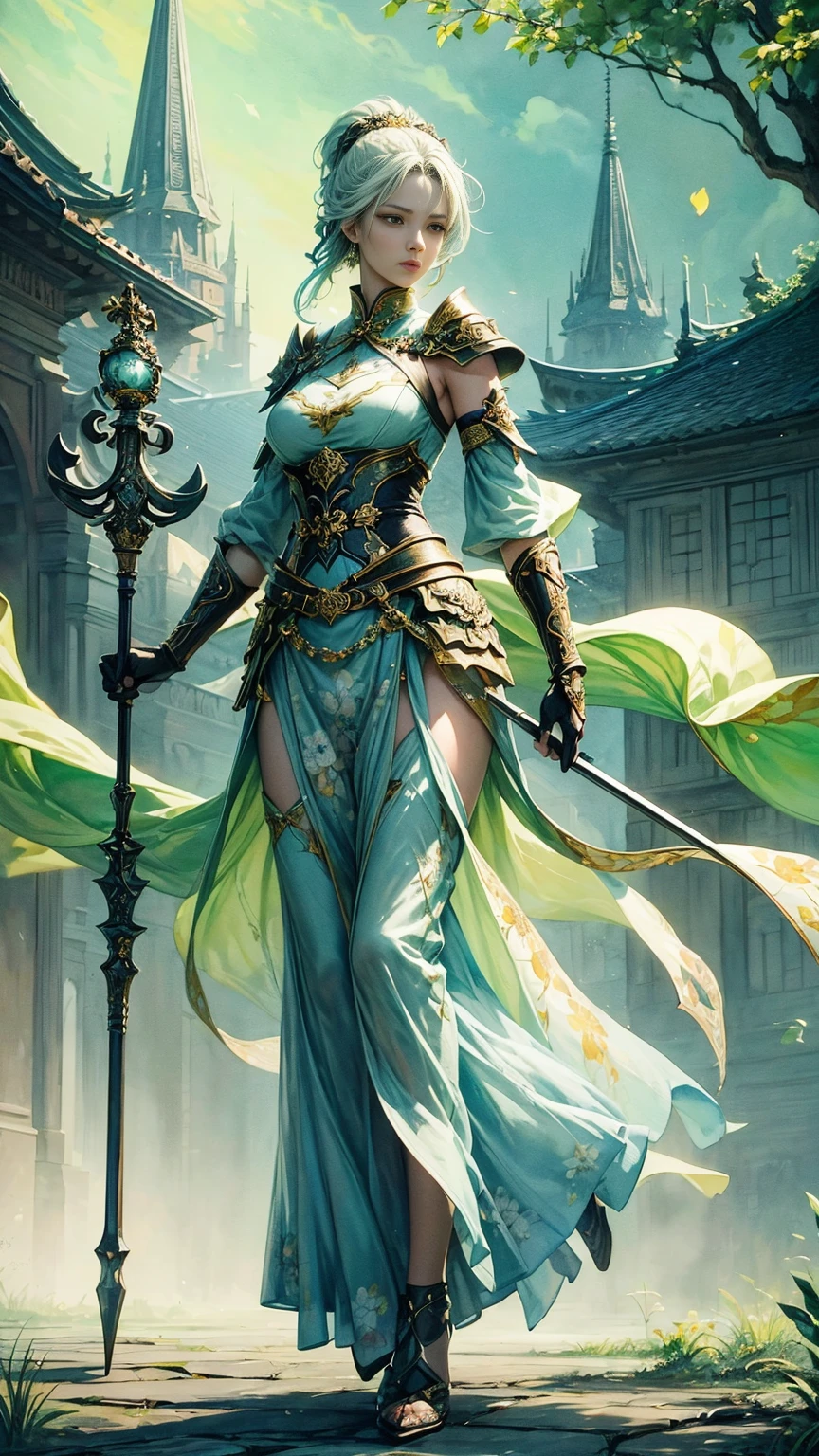 a full body picture of figures，Depicts a fantasy female warrior in a holding a staff。 standing in an imposing pose，The expression is threatening。battle outfit in shades of green。Soft, warm lighting highlights her thoughtful gaze。Create using：digital strokes、Reflect emotions、calm florest scene、Detailed character research、ambient color、peaceful atmosphere、glibatree tips、HD quality、Natural look。Focus on showing the elegance and sophistication of female warrior, (floral watercolor painting:1.5)，，(Super high saturation, bright and vivid colors:1.5), (nsfw), (Look at the audience head-on:1.5)