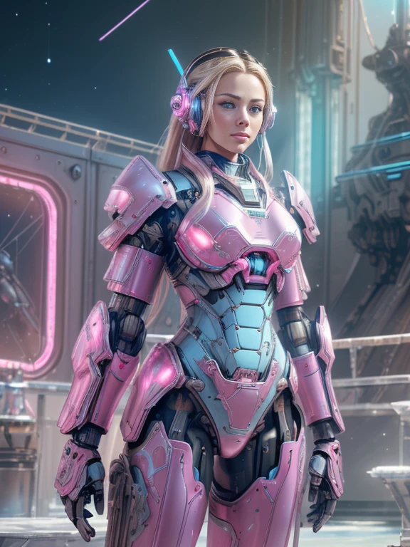 Photorealistic Image ((Masterpiece)), ((High Quality)) UHD 8K, of a Beautiful, Realistic Slim Lights Transforming Robot, (Medium Chest), (Skinny Waist), (Long Blonde Hair), (Blue Eyes)), ((Hyper-realistic mecha armor, with pink metal and intricate ice blue lights)), (in combat position, on a futuristic ship, science fiction)