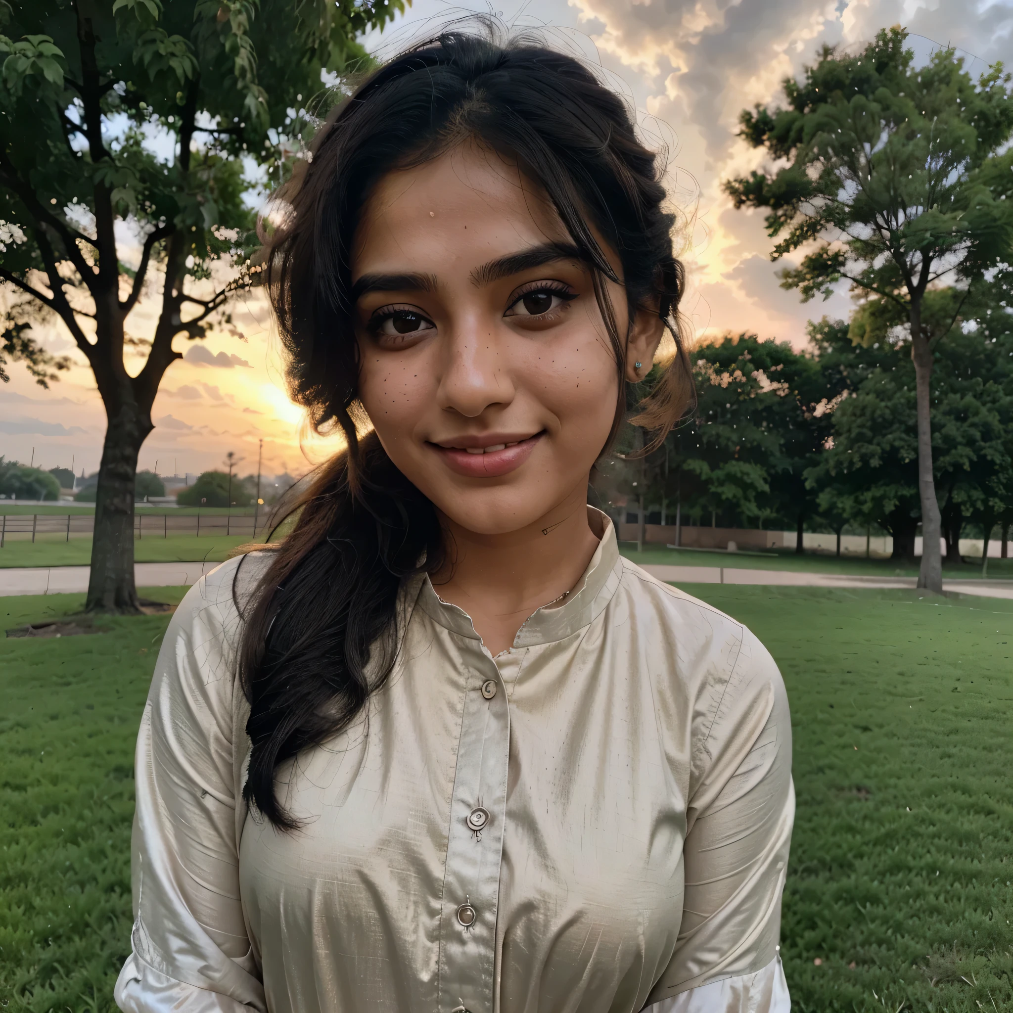 A beautiful Pakistani girl with thick black hair and bright skin, brown eyes and light freckles on her cheeks posing in a local park with smile, wearing Pakistani clothes, some people in background, evening cloudy sky ((sharped background)), ((background not blurred)), ((evening))