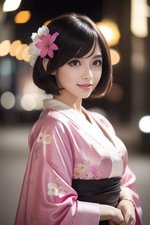 female idol、shiny lip gloss、smiling face、smoky eyeshadow、winged eyeliner、((dramatic lashes))、silk kimono (flower decor)、colorful short hair(neon hot pink)、conceptual art, High quality, Realistic, extremely detailed CG unified 8k wallpaper, highly detailed, High-definition raw color photos, professional photography, Cinematic Light, Beautiful detailed, Super Detail, high detail, (((Bokeh))), depth of fields, illumination, City Street, Super stylish lighting