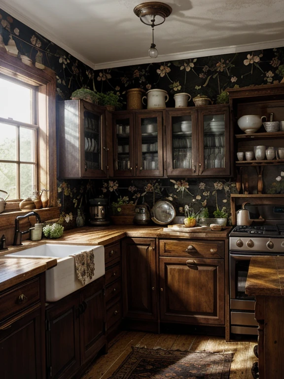 a dark old kitchen with floral wallpaper and wood cabinets with glass and some old objects and candles