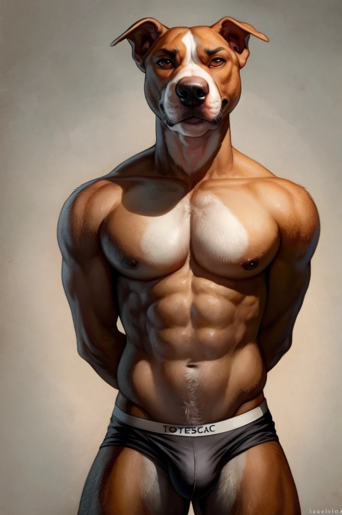 Solo, Furry, Anthro, Pitbull,Male, E621, Standing, Hands behind back, Wearing underwear, Simple background, Front view, by totesfleisch8