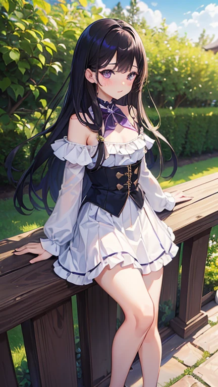 ((4K, master piece, highest quality)), 1 girl, exposed, long black hair, light purple eyes, cute, blush, small breasts, In underwear, ruffle skirt, after that, garden
